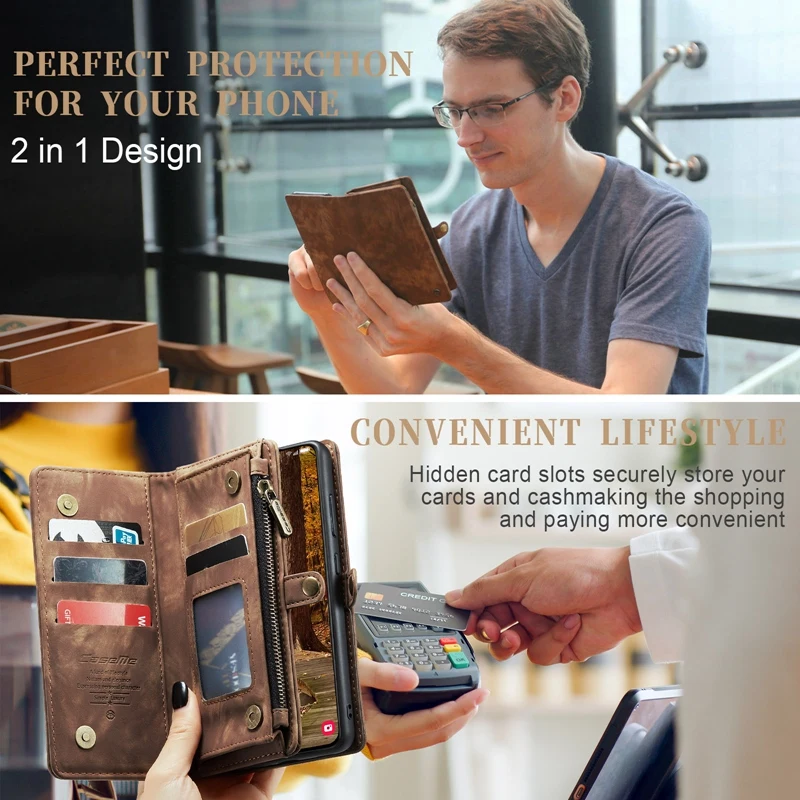 2 in 1 Magnetic Wallet Case for Samsung Galaxy S23 S22 S21 S20 A13 A14 A33 A34 A53 A52 A54 Support Wireless Charging Zipper Bag