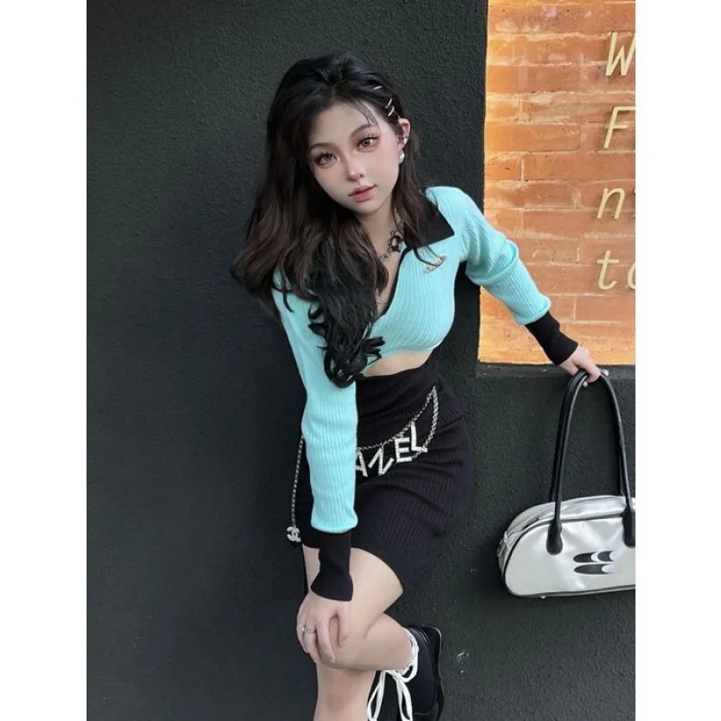 

2023 Весна Сладкий Прохладный Горячий Стиль Девушки V-образный Воротник Контрастный Цвет С Длинным Рукавом Подлый