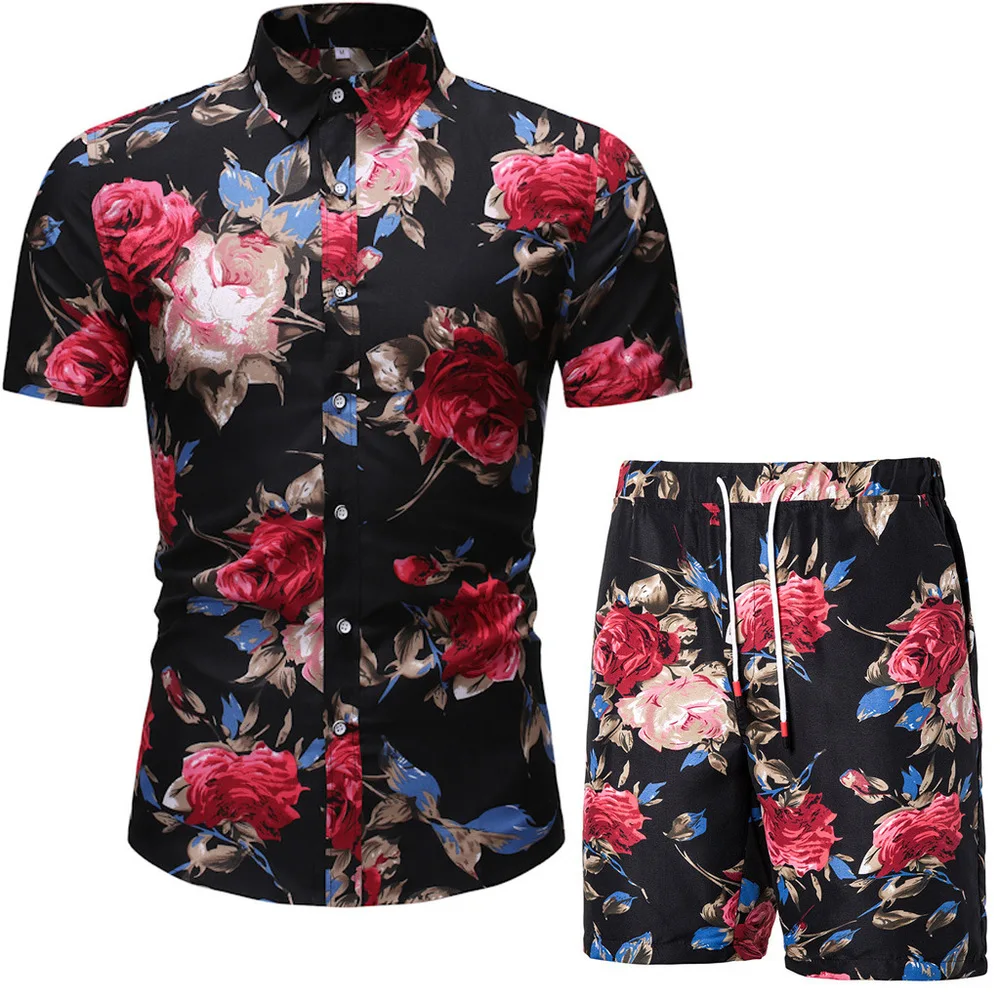 mens set Men Clothing Set 2021 Two Piece Set Summer Beach Wear Floral Print Casual Shirt and Shorts Set Hawaiian Shirt Holiday Clothes mens linen short sets Men's Sets