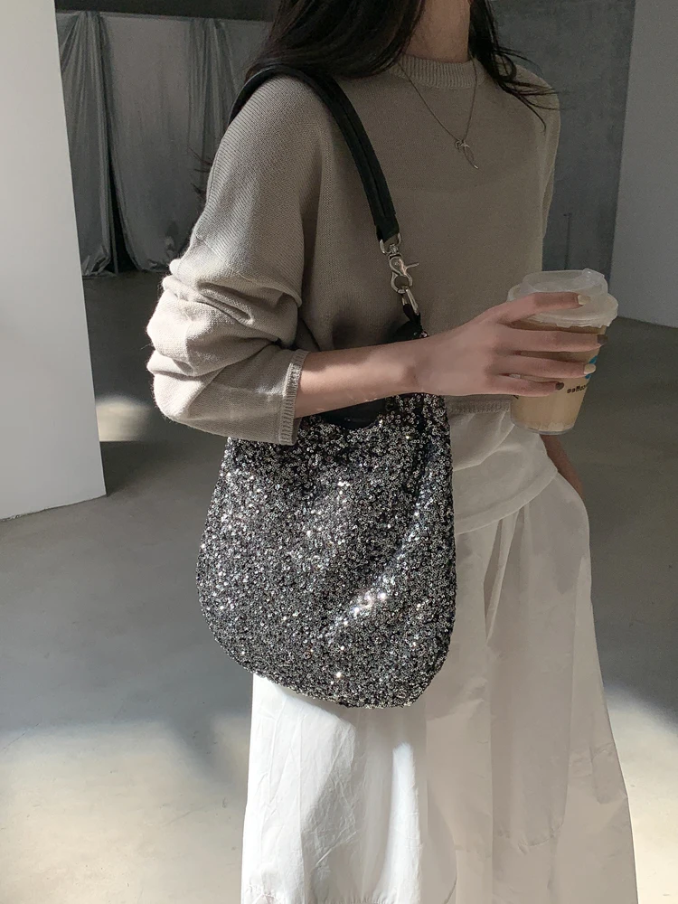 Women Bag Ladies Leisure Solid Color Totes Bag Large Capacity Sequins Handbag Luxury Sparkling Bucket Bag Women's Shoulder Bags
