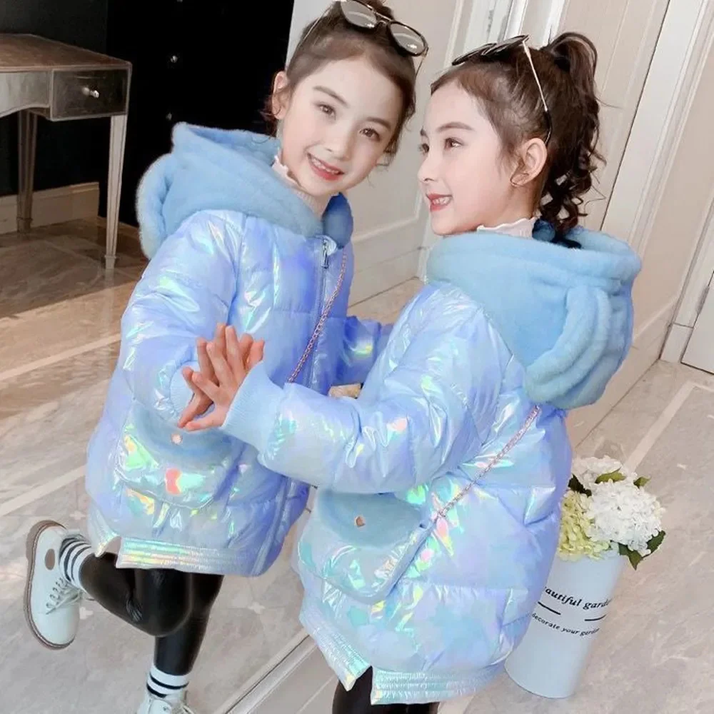 

2023 Winter Shiny Jacket For Girls Hooded Warm Children Coat 5-14 Years Kids Teenage Cotton Parkas Outerwear