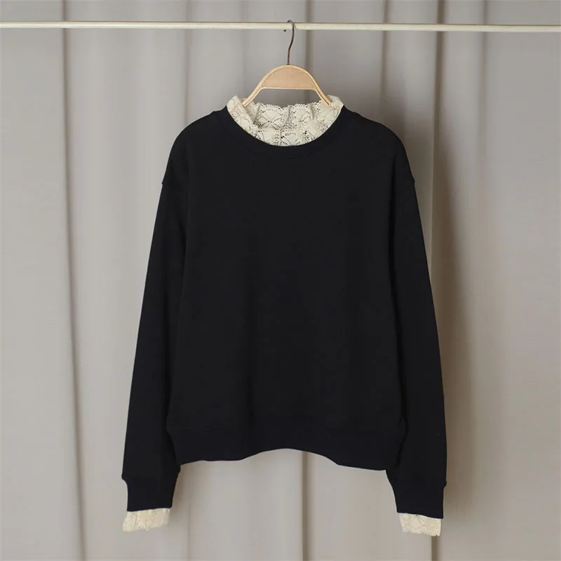 

Vintage Lace Splice Lace Pullover Temperament Backing Top Women's Versatile Long Sleeve terry sweater Spring 2023