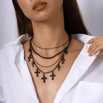 4pcs/set Gothic Black Cross Pendant Necklaces for Women Girls Multilayer Choker Necklace Chain Punk Jewelry Gifts