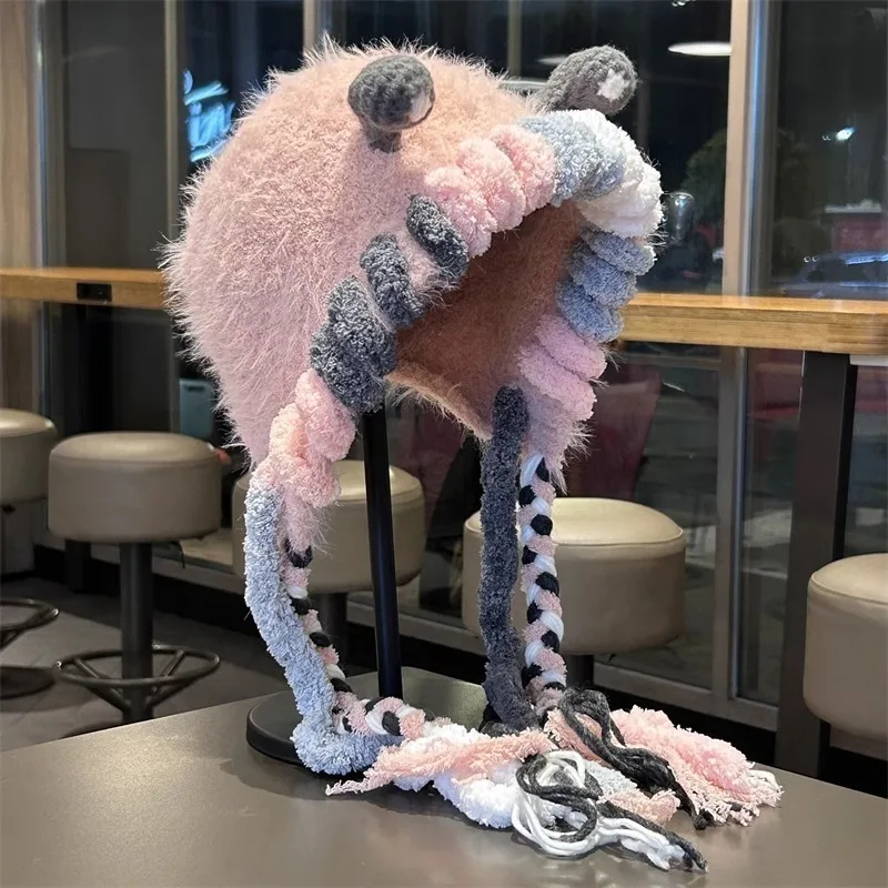 Cute Cartoon Little Monster Plush Women's Hat for Autumn and Winter Thick Warm Riding, Windproof, Creative and Beautiful Winters