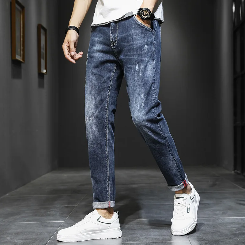 2023 Spring Summer Men's Jeans Korean Fashion Pants Classic Overalls Straight Trousers for Men Large Size Blue Worn Slim Fit