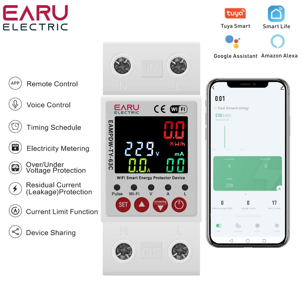 Inteligente Tuya Disjuntor Wi-fi Terra Vazamento sobre sob Protetor de Tensão Dispositivo de Relé Interruptor de Energia Power Meter Kwh Lcd 63a