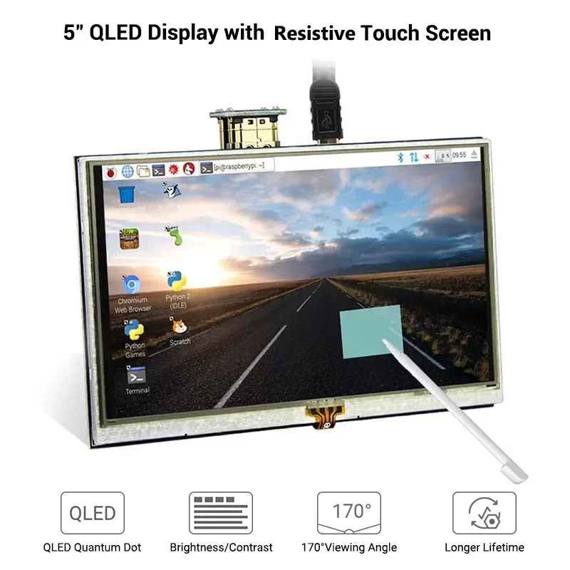 

5 Inch QLED Display Quantum Dot 800 x 480 Resistive Touch Screen with Touch Pen HDMI-compatible for Pi B+/2B/3B/4B