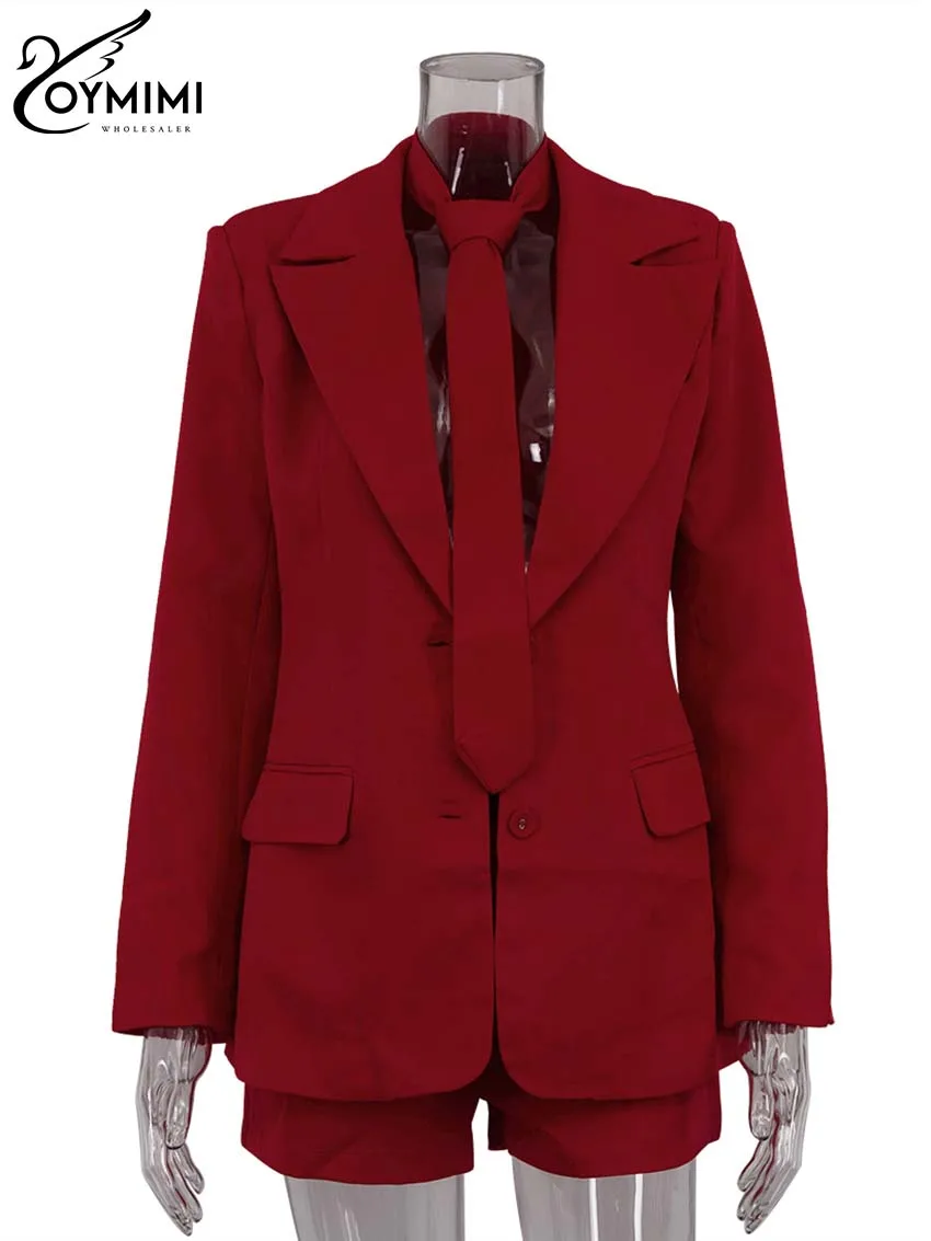 Oymimi Elegant Red Women's Two Pieces Set Fashion Long Sleeve Pockets Tie Button Blazers And High Waisted Simple Shorts Sets 5