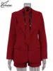 Oymimi Elegant Red Women's Two Pieces Set Fashion Long Sleeve Pockets Tie Button Blazers And High Waisted Simple Shorts Sets 5