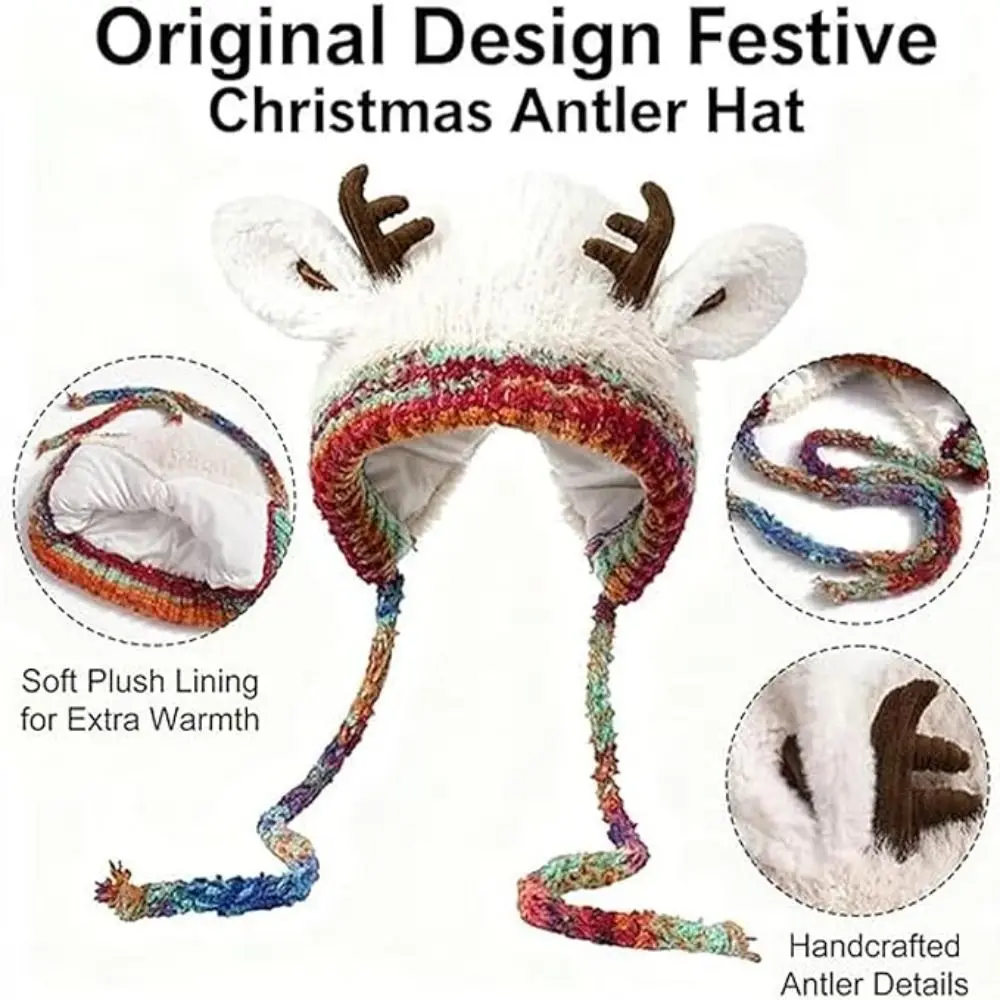 New Fur Deer Storage Hat Ear Protection Windproof Festival Christmas Antler Hat Elastic 2 In 1 Winter Cap Outdoor
