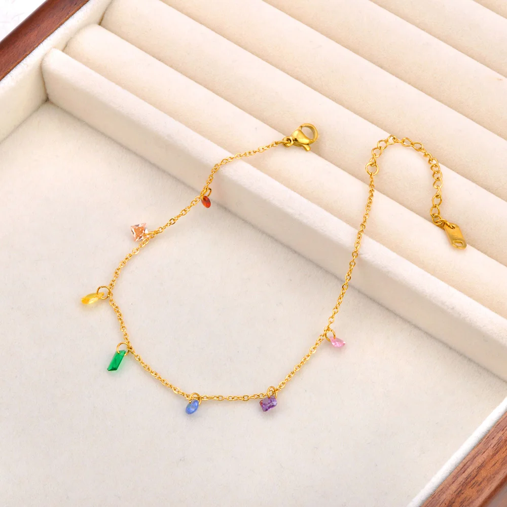 Women Anklet Fashion Colorful Cubic Zirconia Stainless Steel Anklet For Women Waterproof Gold Color Chain Zircon Trendy Jewelry A24003