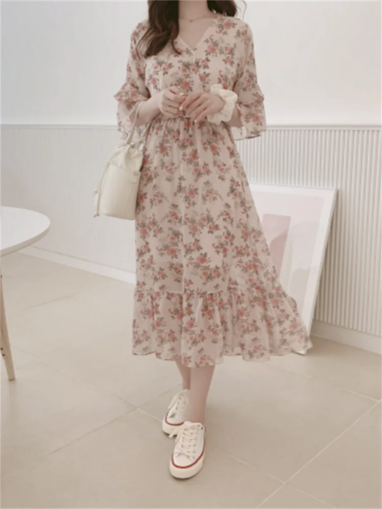 

New Summer Dress Girls Boho Party Female Vintage Dress chiffon Blue pink Print Short Sleeve Women Dresses LongRobe Vestido