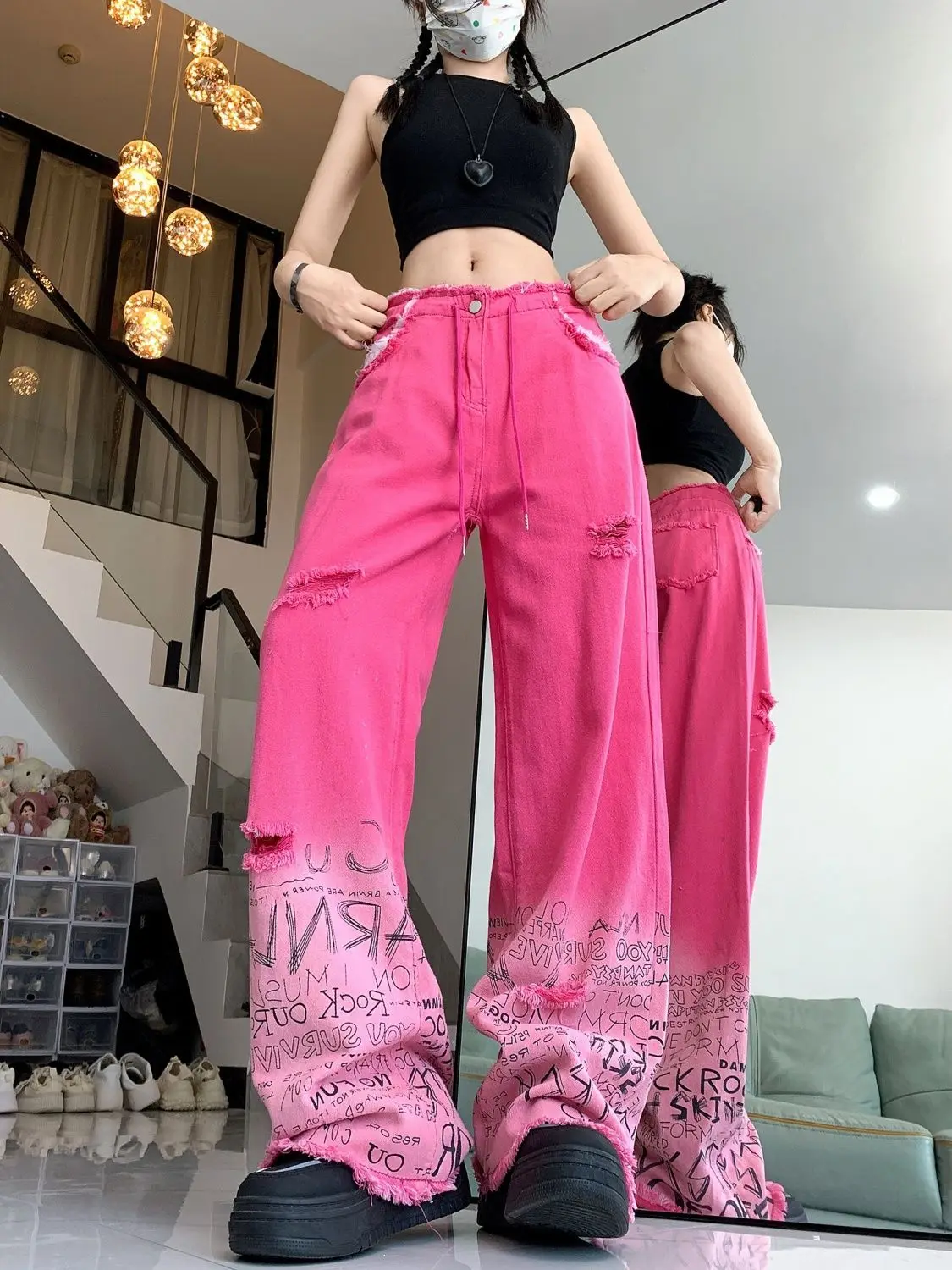 Jeans Ripped Graffiti Rough Selvedge Rose Red High-Waisted Y2k Women Baggy Harajuku Streetwear Denim Trousers Mopping Pants