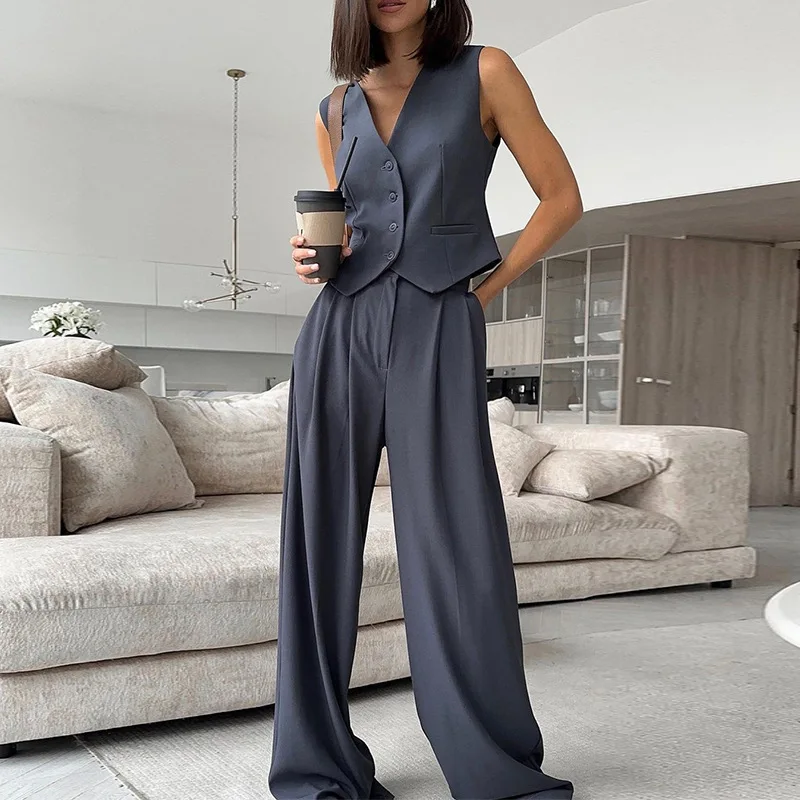 

Elegant V-neck Button Vest and Long Pant Suits Women Casual Sleeveless Solid Office Outfits Fashion Draped Wide Leg Pant 2Pc Set