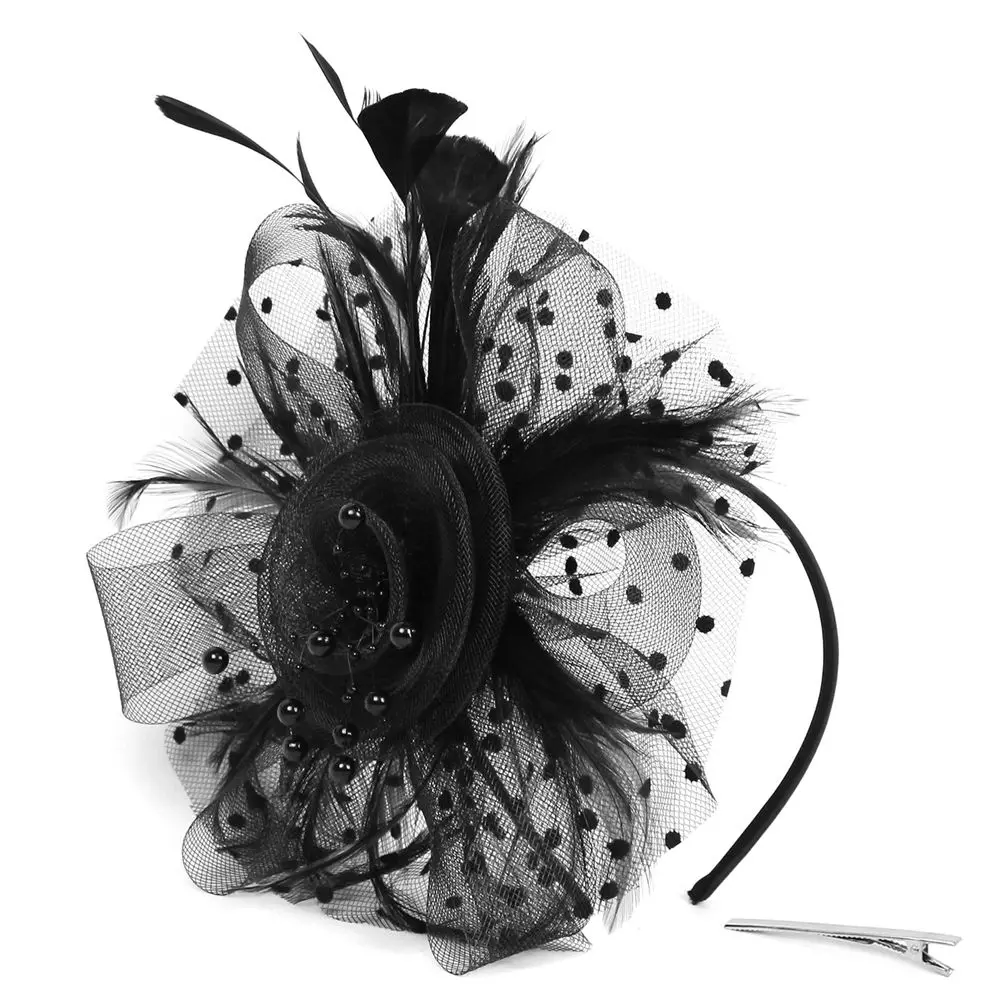 Elegant Women's Mesh Flower Feather Fascinator Headband and Hair Clip