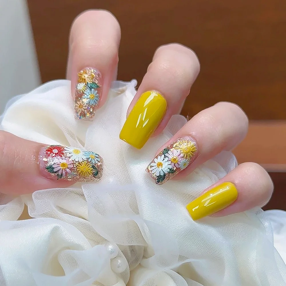 1/2개 5D 야생 데이지 꽃 자수 네일 스티커 다채로운 피어나는 데이지 네일 데칼 DIY 봄 네일 꽃잎 장식 