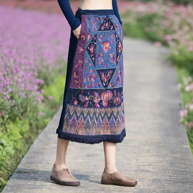 2023 summer autumn Chinese style women vintage harajuku hanfu skirt cotton linen heavy embroidered A-line skirt travel skirt