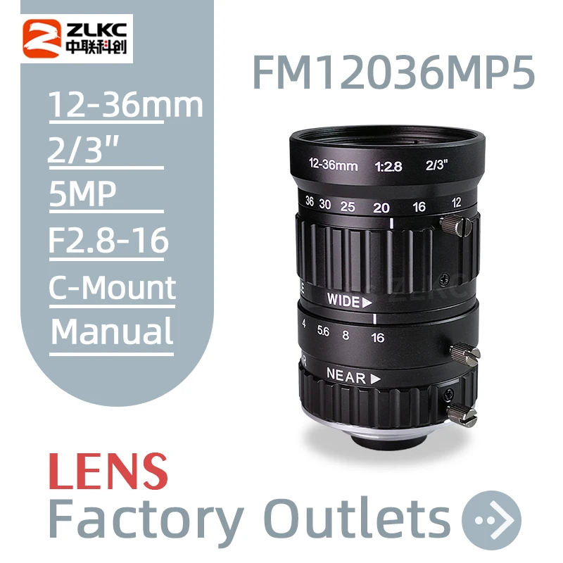 

12-36mm Zoom 2/3 Inch F2.8 Manual Iris C Mount Machine Vision Low Distortion 5MP FA Varifocal Surveillance Lens for CCTV Camera
