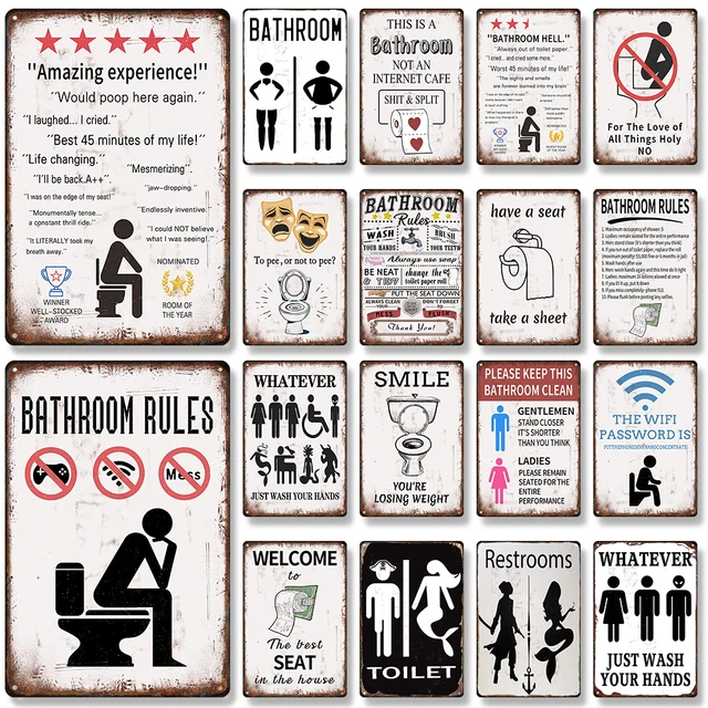 Funny Toilet Vintage Metal Poster Bathroom Rules Retro Tin Sign Bathroom Toilet Wall Art Decoration Plaque for Modern Home Decor