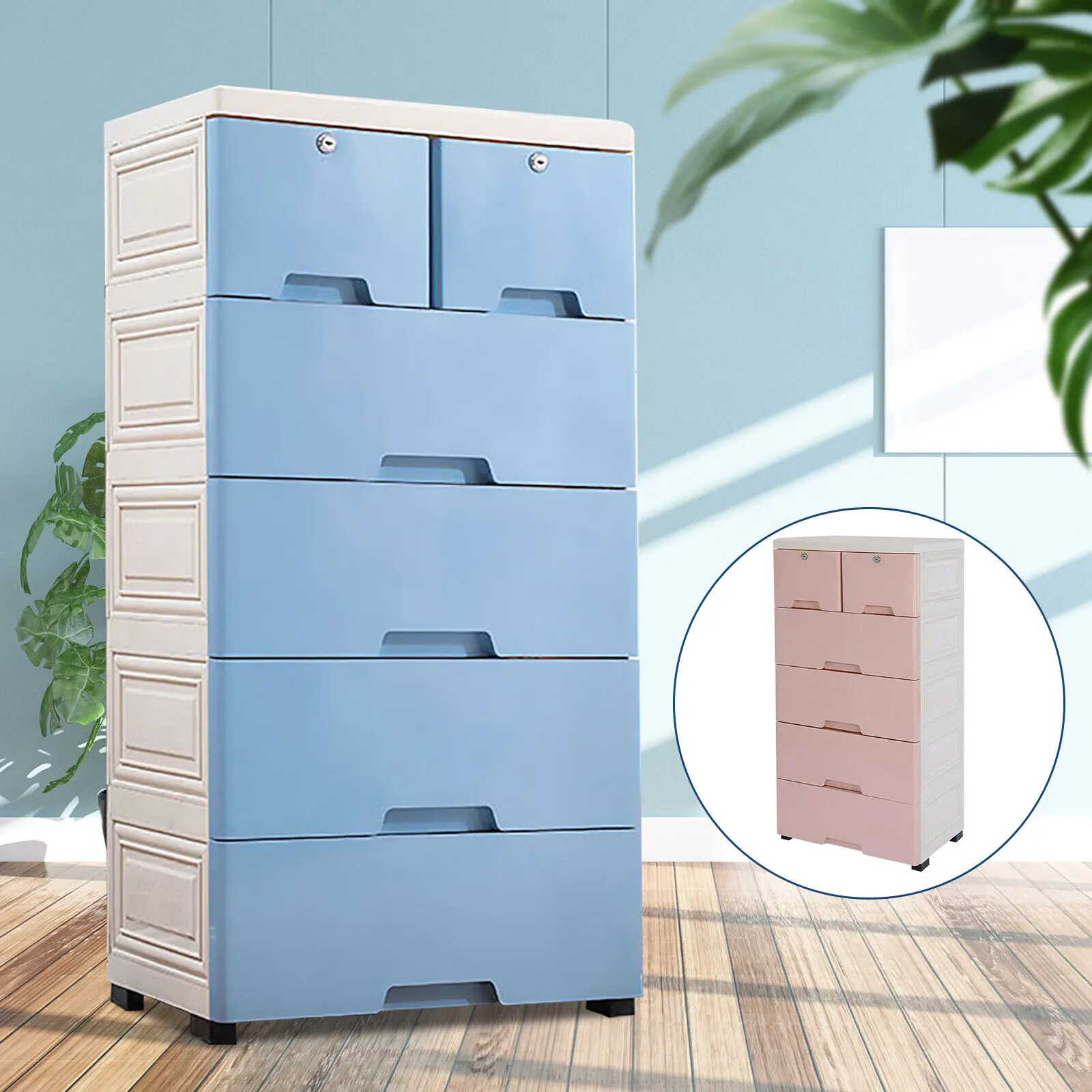 Plastic Drawers Dresser,Storage Cabinet with 6 Drawers 4 Wheels,Closet  Blue/Pink