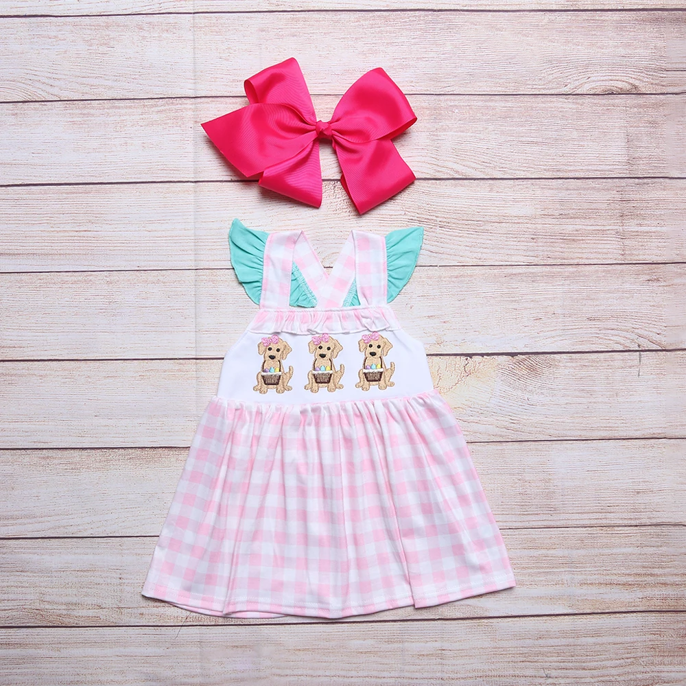 Mini One-Piece  Cotton Summer New Style  Cute Puppy Embroidery  Dress  Pink  Sleeveless  Grid Dress For Girls carters baby bodysuits	