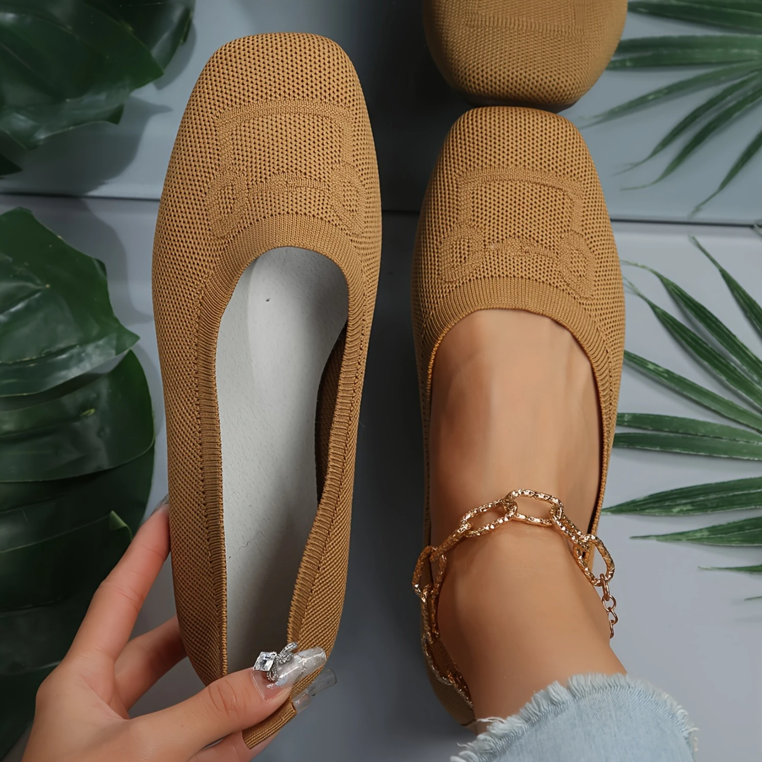 Women's Breathable Knitted Square Toe Ballet Flats with Soft Sole
