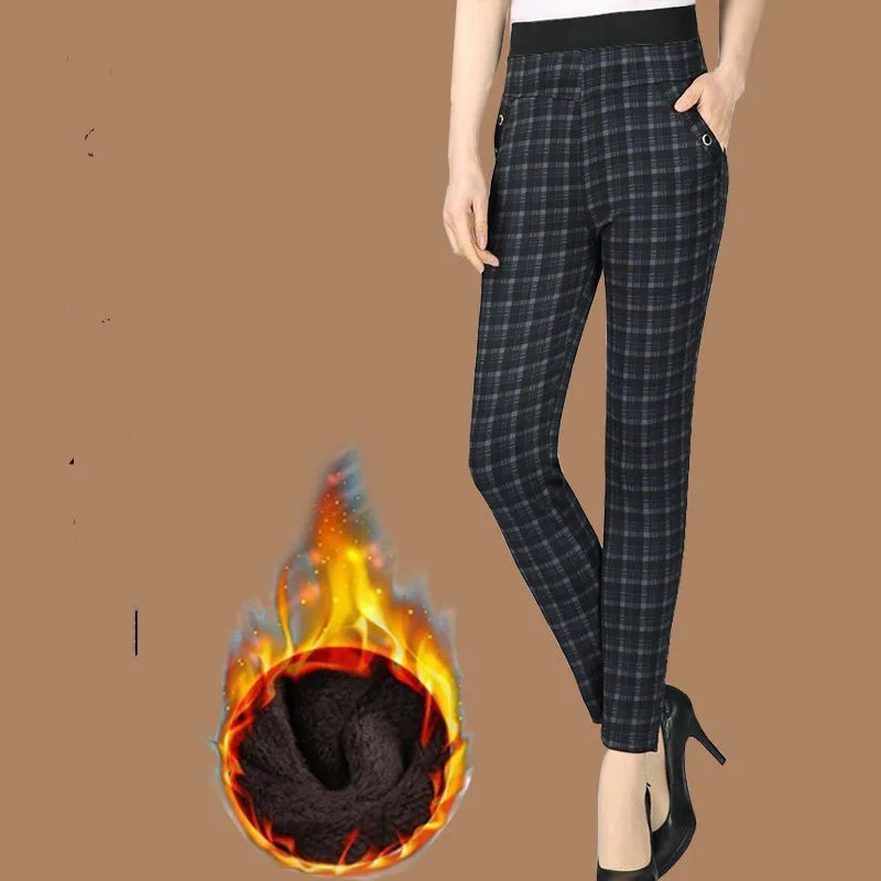 Women's Autumn and Winter Fashion Elegant Plaid Stripe Pocket Casual Plush Thickened Elastic High Waist Long Straight Leg Pants