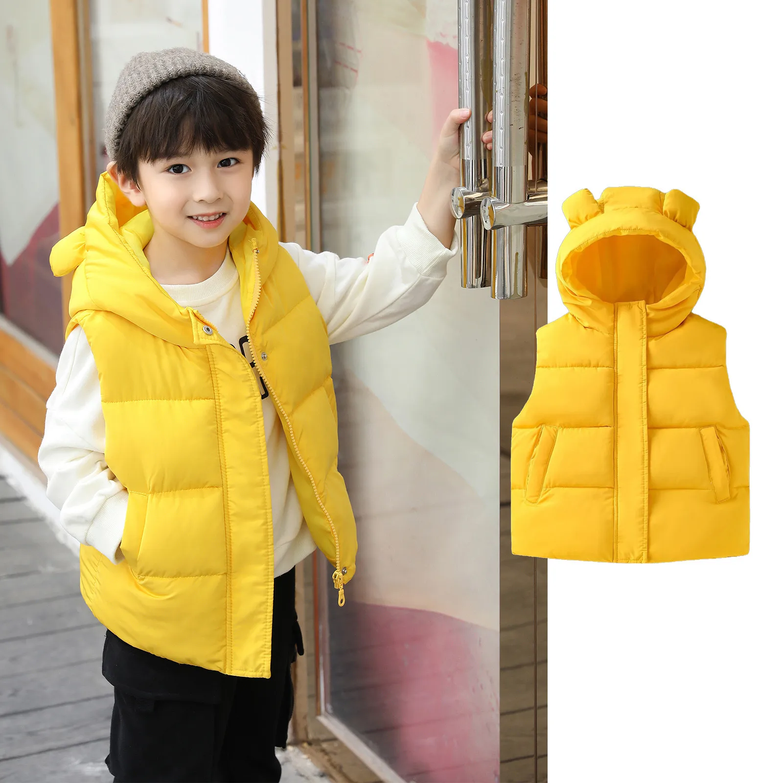 Girls Lightweight Jacket Toddler Boys Girls Sleeveless Winter Warm Outwear Vest Jacket Coat Bear Ears Solid Kids Snow