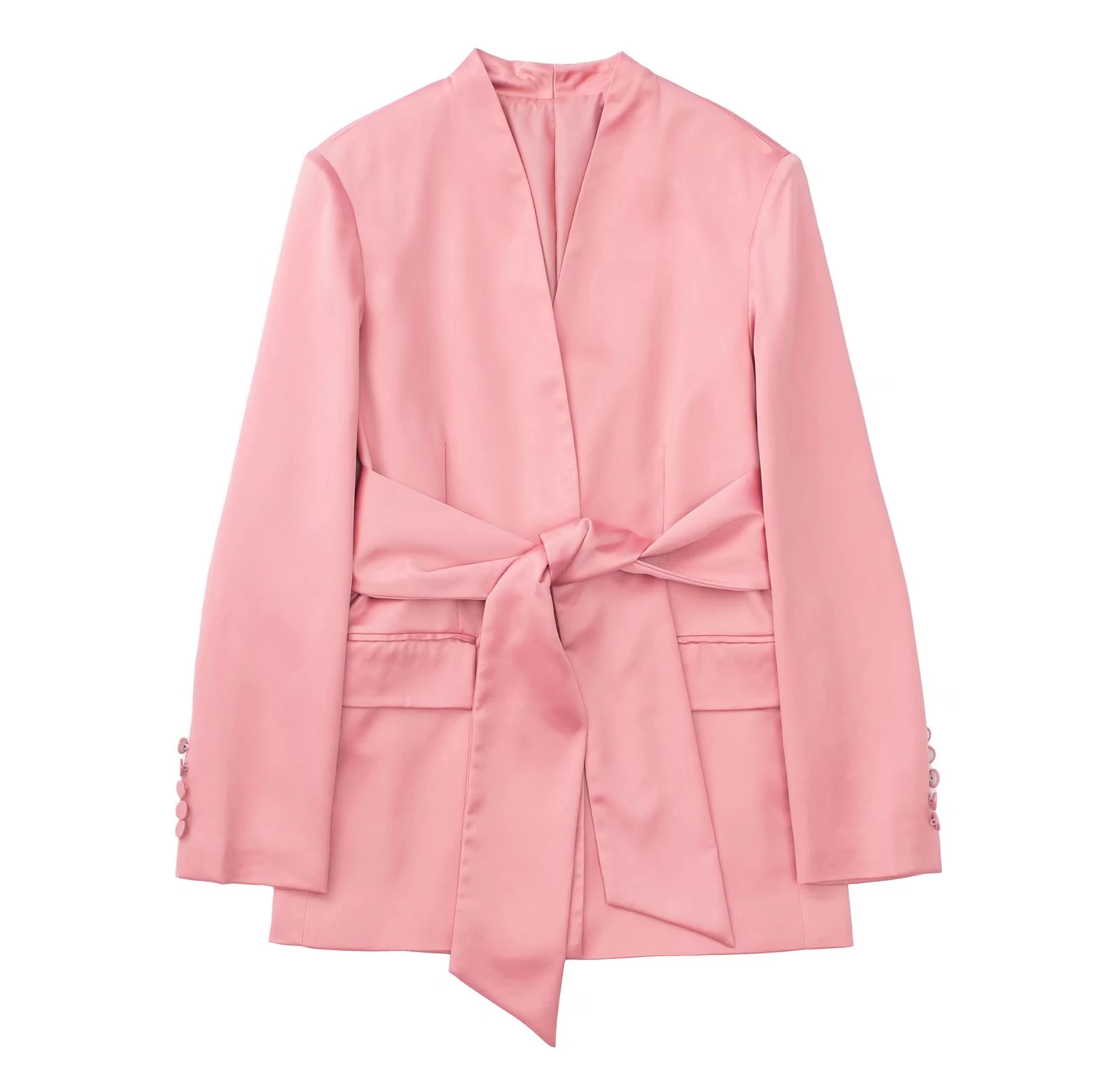 Pink Satin Blazer With Belt Elegant Stylish Blazers For Women Long