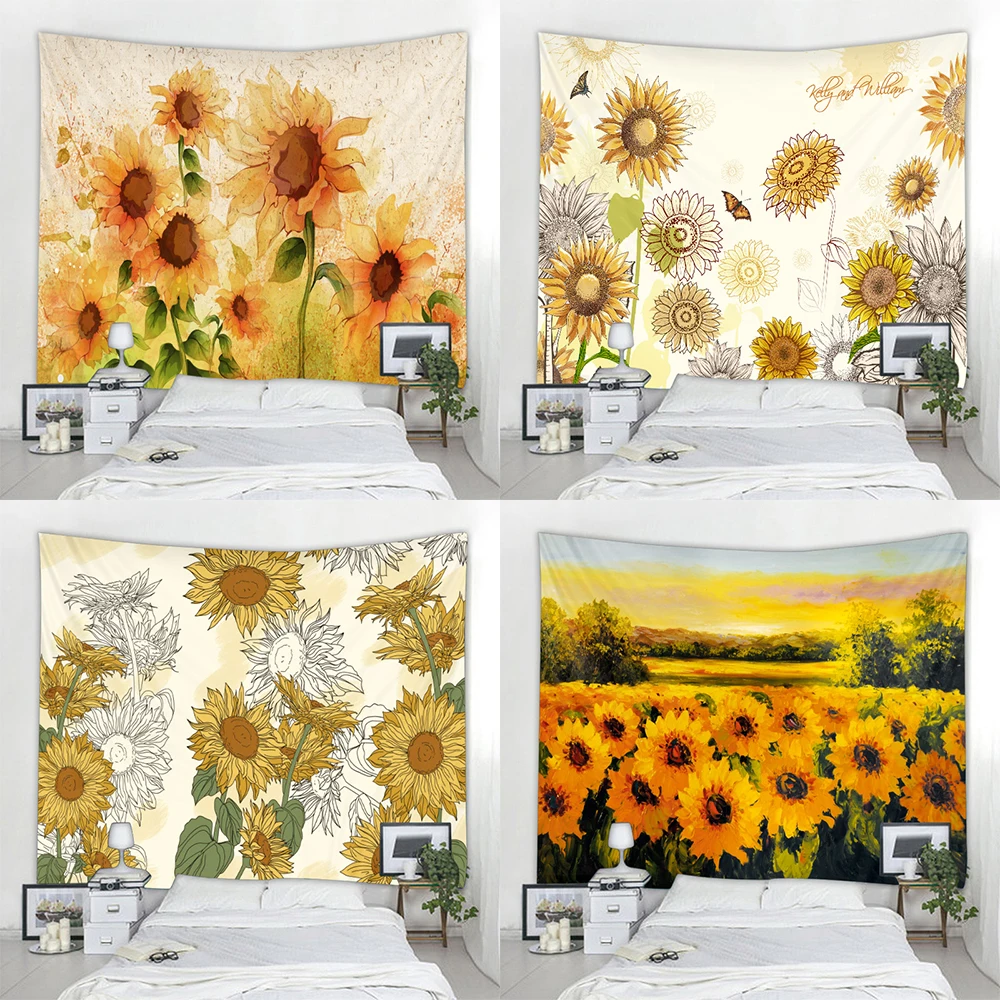 

Sunflower tapestry retro art oil painting mandala hippie psychedelic bohemian living room bedroom decoration blanket