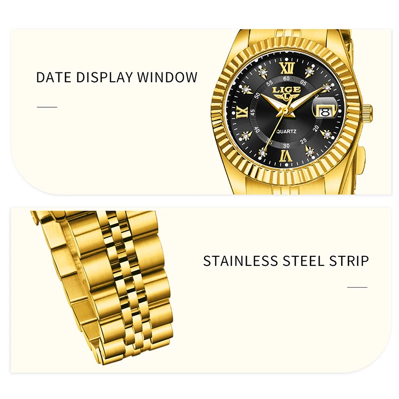 LIGE Fashion Golden Watch for Women Stainless Steel Waterproof Women's Watches Elegant Original Luxury Ladies Quartz Wristwatch