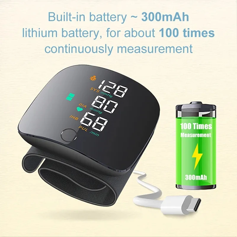 Blood Pressure Monitor Blood Pressure Meter LED Big Screen Wrist for Elderly Health Heart Rate Adult Type-C Charging