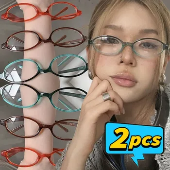 2/1pcs Y2K Vintage Small Oval Glasses Girls Style Red Green Frame Glass Eyewear Decorative Outdoor Anti-blue Eyeglasses Gifts