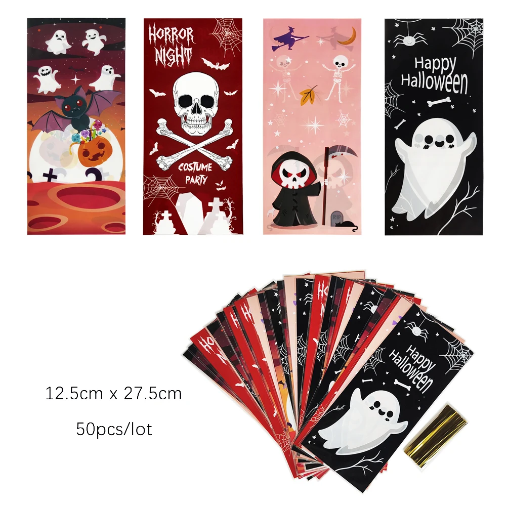 50 Stück Halloween-Süßigkeiten-Geschenktüten, transparente Plastiktüten, Kürbis, Fledermaus, Spinne, Geist, Snacks, Geschenkverpackung, Halloween-Dekoration 2026 – Detail 4
