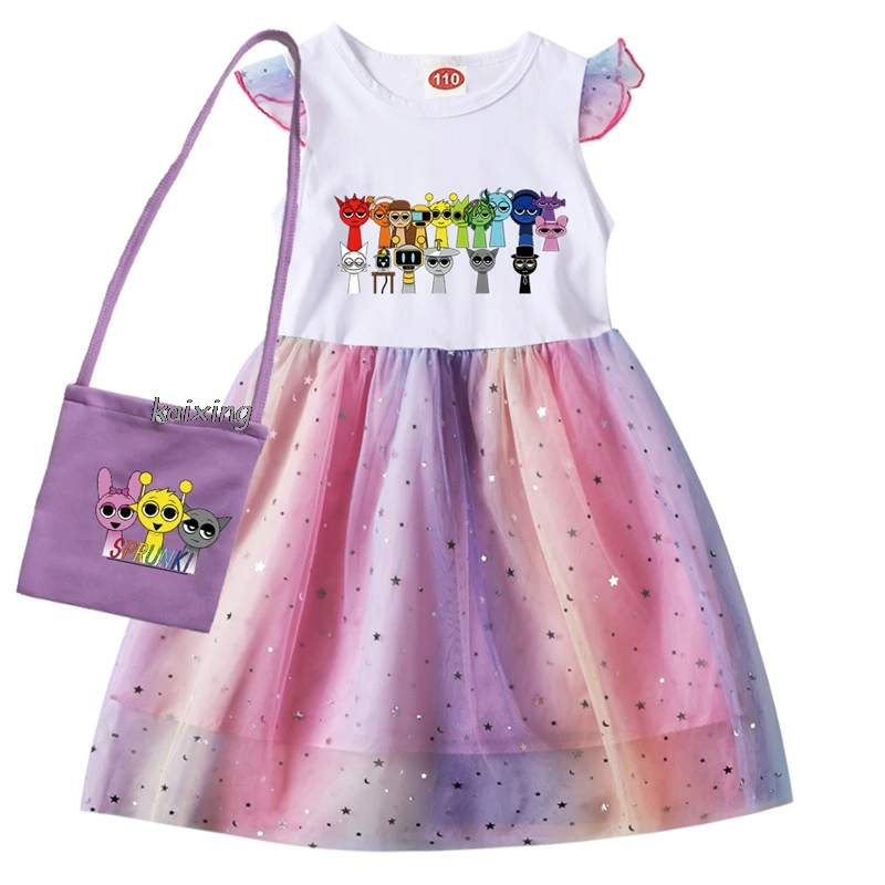 Kids New Girls Dress Sprunki Cartoon Print Kids Clothing Princess Dresses +Bag Flying Sleeve Party Costume Best Gift