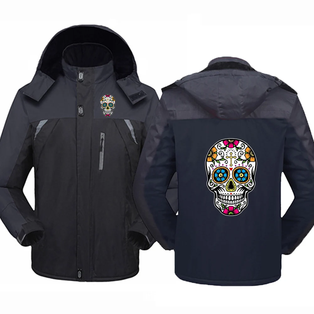 Mens Textured Fabric Hoodie Jacket with Colorful Skull Pattern