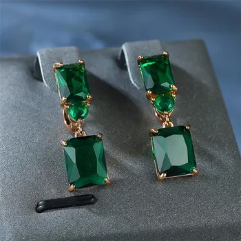 Cute Female Crystal Green Stone Square Stud Earrings Vintage Gold Color Wedding Jewelry For Women