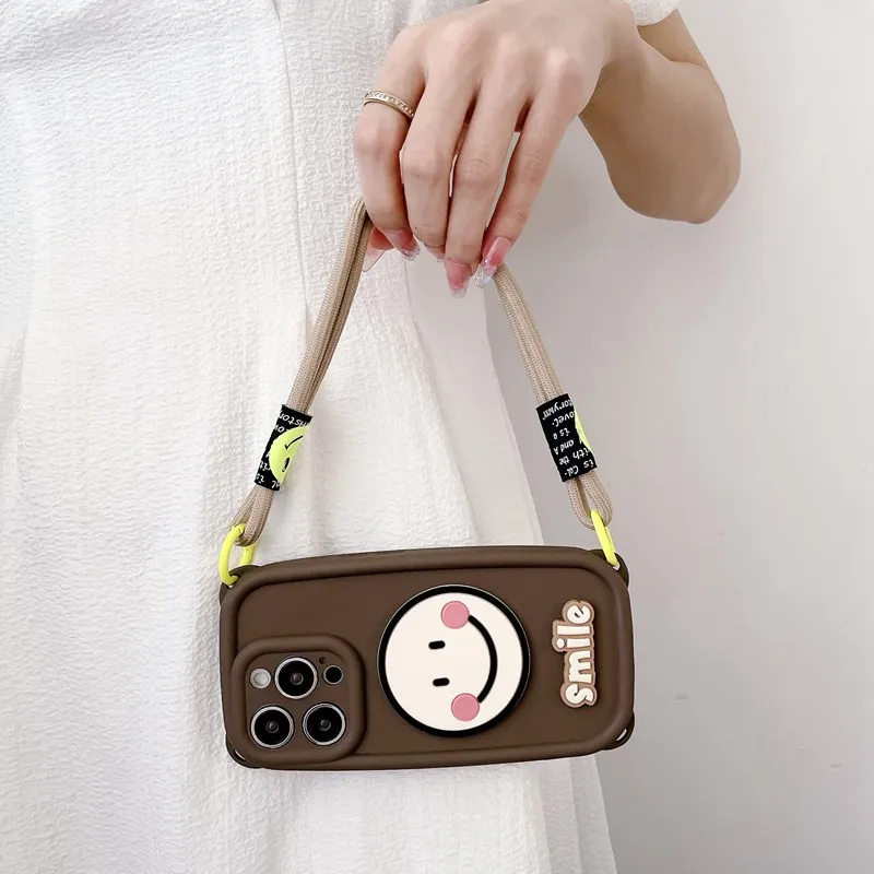 Silicone Phone Case With Smiley Face And Lanyard For Iphone_voghion.com