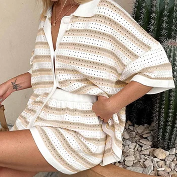 Knitted Women Two Piece Shorts Outfits Loungewear Suits Stripe Contrast Color Button Crochet Tops and Shorts Matching Sets 1