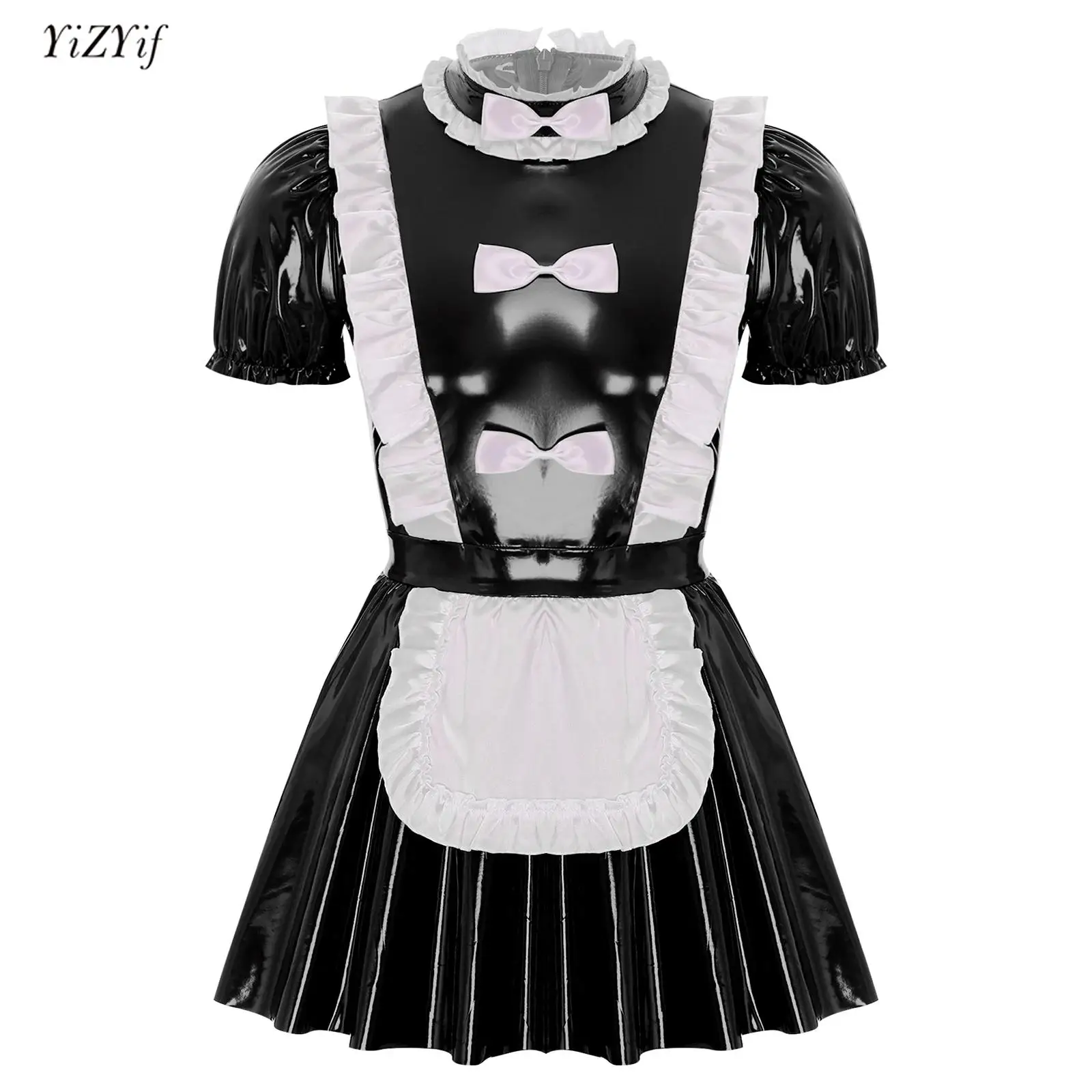 

Mens Sissy Maid Dress Lingerie Glossy Patent Leather Bow Apron Puff Sleeve A-Line Dress Naughty Maid Cosplay Uniform Clubwear