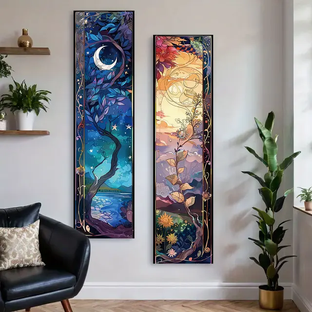 Bannière verticale de paysage, tapisserie soleil et lune, arbre de vie, décoration murale florale de nuit étoilée, tapisserie esthétique, décoration de maison 1
