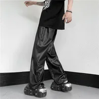 Men's Spring and Autumn Straight Pants Simple Elastic Waist Mop Wide Leg Pu Leather Pants 3