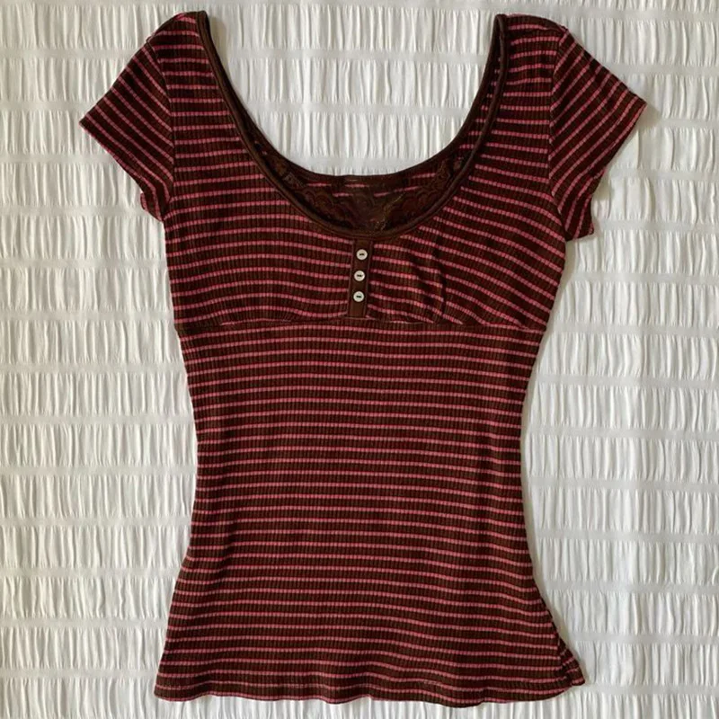 Top con bottoni casual Abbigliamento donna Stampa striscia vintage Estate Y2K T-shirt manica corta Harajuku Estetica punk Hip Hop Streetwear 1