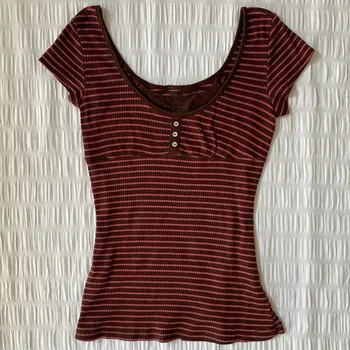 Top con bottoni casual Abbigliamento donna Stampa striscia vintage Estate Y2K T-shirt manica corta Harajuku Estetica punk Hip Hop Streetwear 1