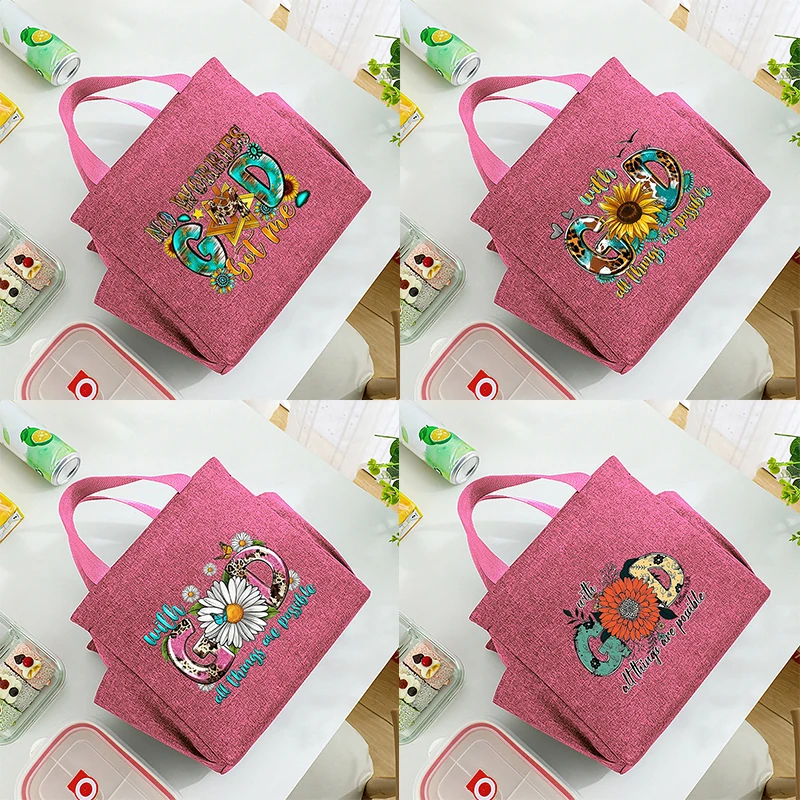 GOD Letter Printed Insulated Lunch Bag with Built-in Waterproof Refrigerated Ice Bag and Large Capacity Commuting Storage Bag