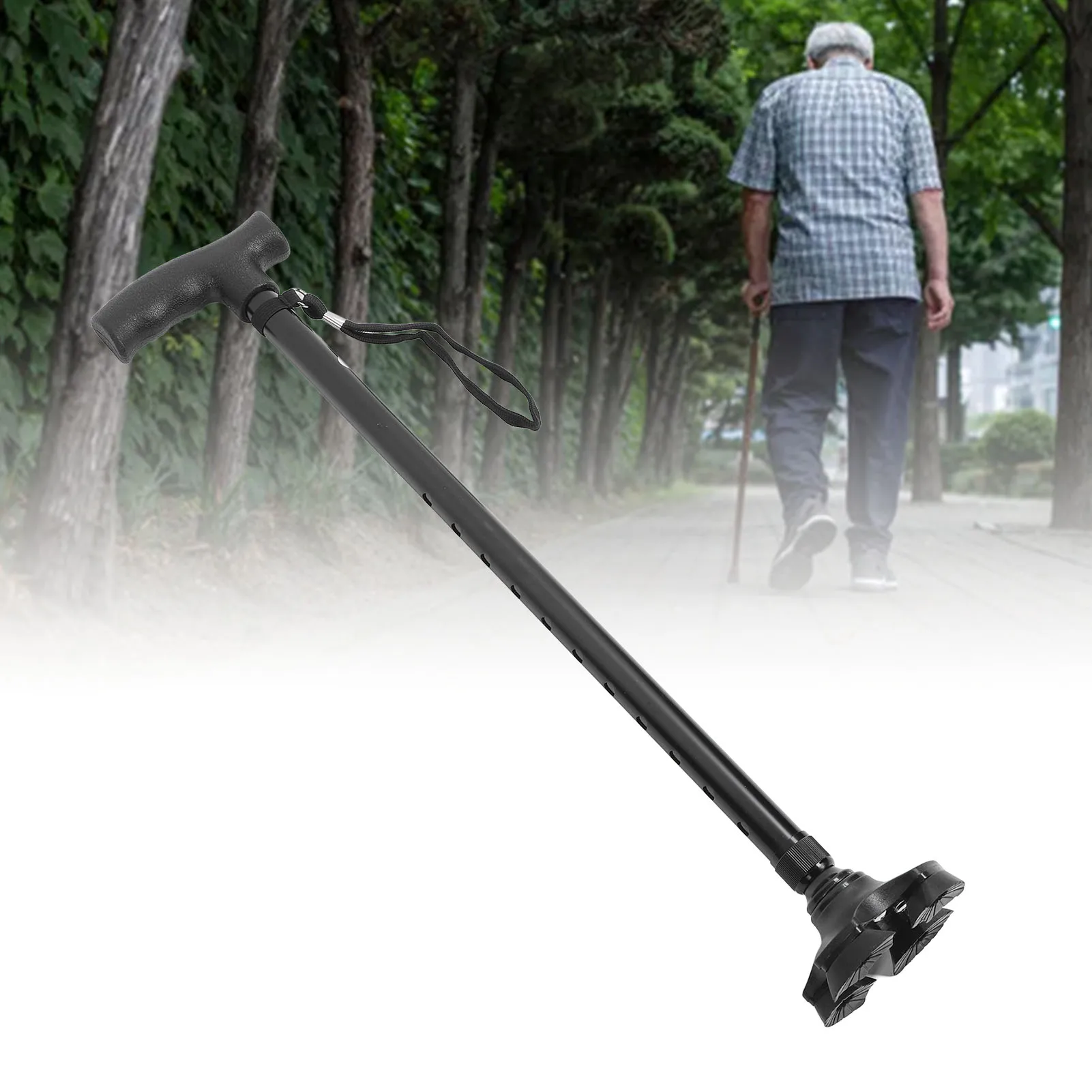 Adjustable Walking Stick Quad Cane Portable Rubber Bottom 10 Level Height Flexible with 4 Pronged Base for Senior for Outdoor