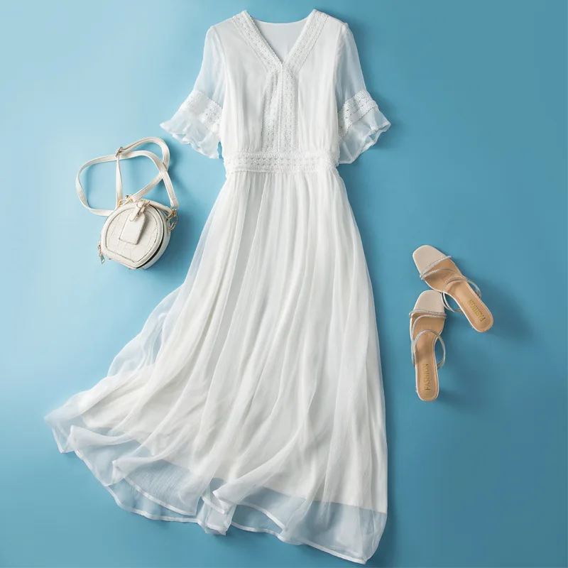 

2023 Women's Summer Dresses New Real Mulberry Silk Dress White Butterfly Sleeve Elegant Dresses for Women Clothing Vestido Mujer