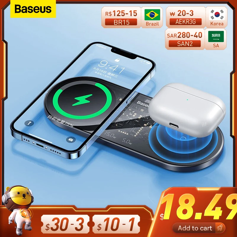 Baseus 20W Dual Wireless Chargers for iPhone 14 13 Airpod Pro Fast Qi ...
