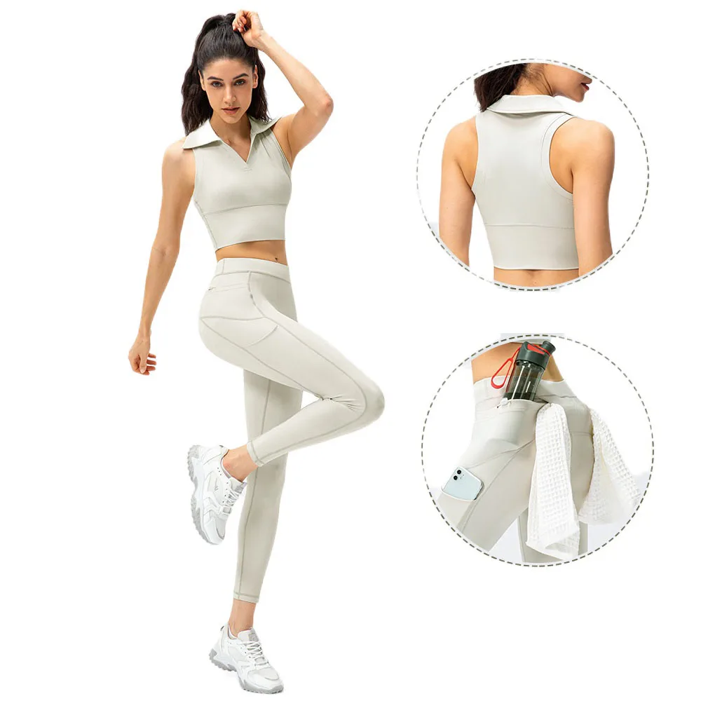

Spring Summer New Female Yoga Suit High Waist Lapel Undershirt Fitness Running Tight Sports Pants 2 Piece Multifunctional Design