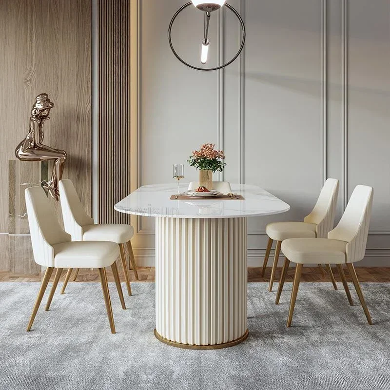 White Minimalist Light Luxury Bright Rock Plate Dining Room Set Modern Chairs Household Living Room Tavolo Pranzo Furniture WK